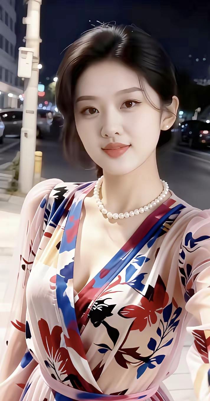 夜晚的街拍，优雅珍珠项链，花裙飘飘，美不胜收！🌹✨