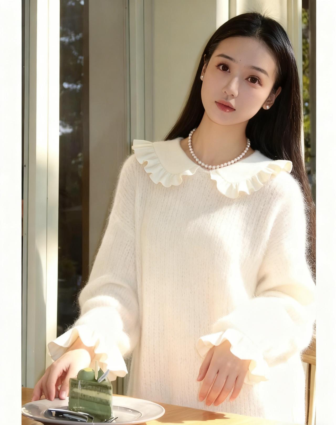 《午后时光》
阳光斜斜地洒在窗台上，室内的光线柔和而温暖。一位女子静静地坐在桌边