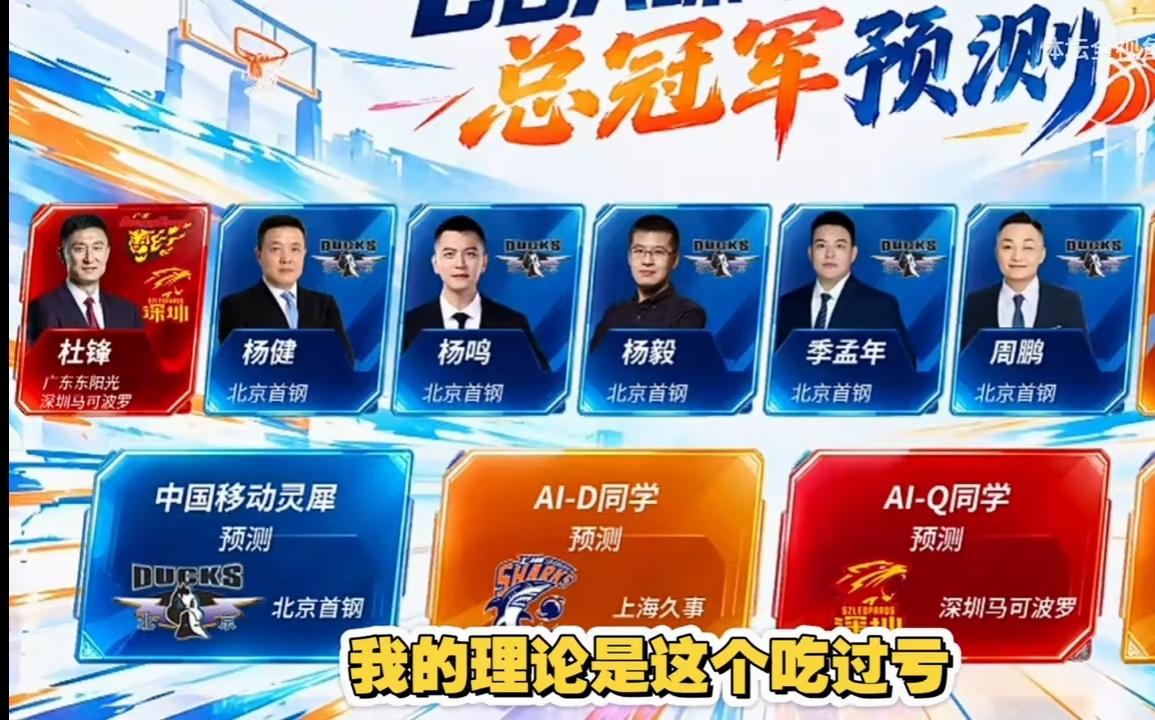 名嘴预测总冠军，杜峰力挺宏远，杨毅、杨鸣竟然一致看好北京，卫冕冠军被如此轻视！
