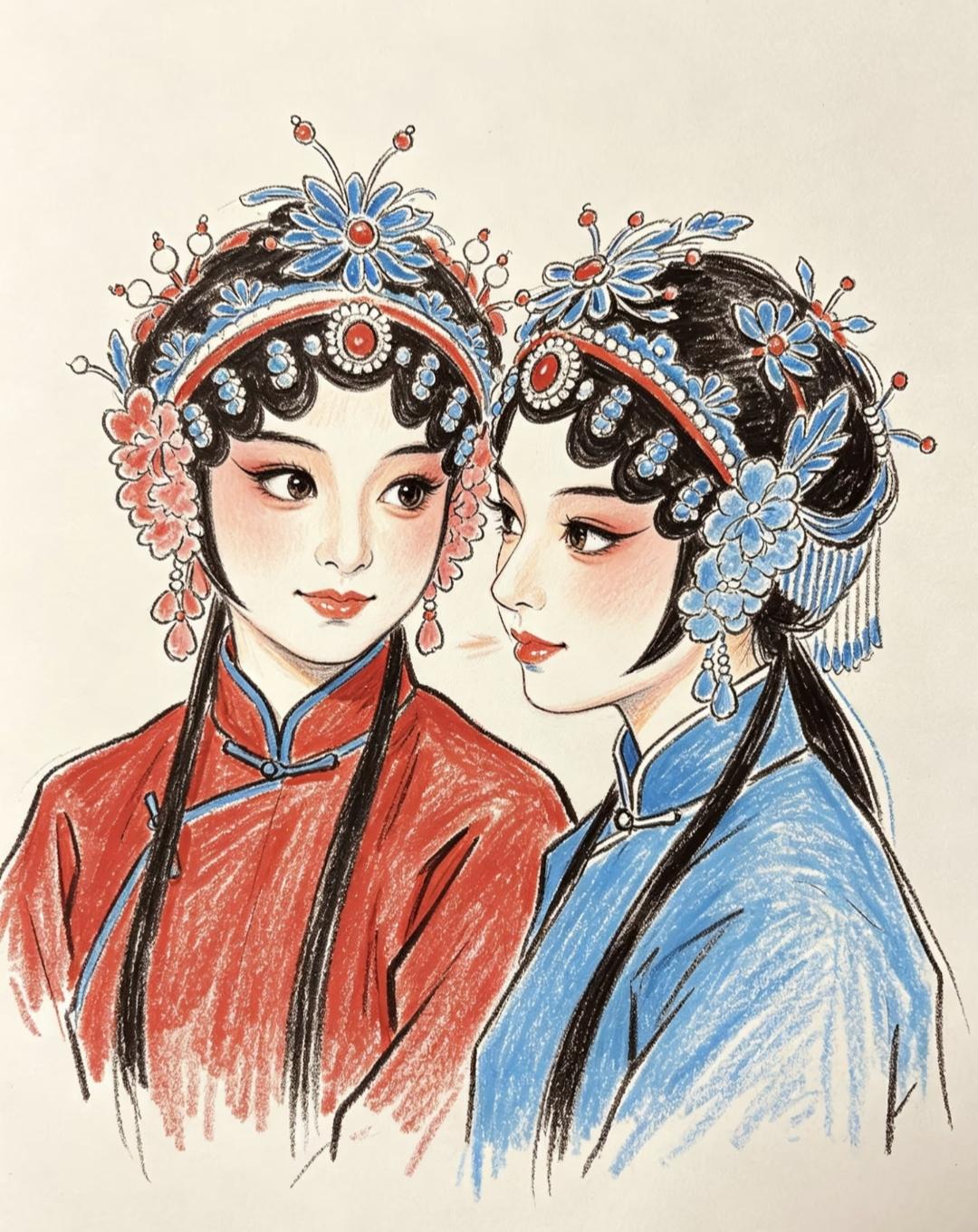素材|戏曲人物18图（线稿+上色图）
红蓝双姝戏服配，花钿珠翠映娇颜，一颦一笑皆