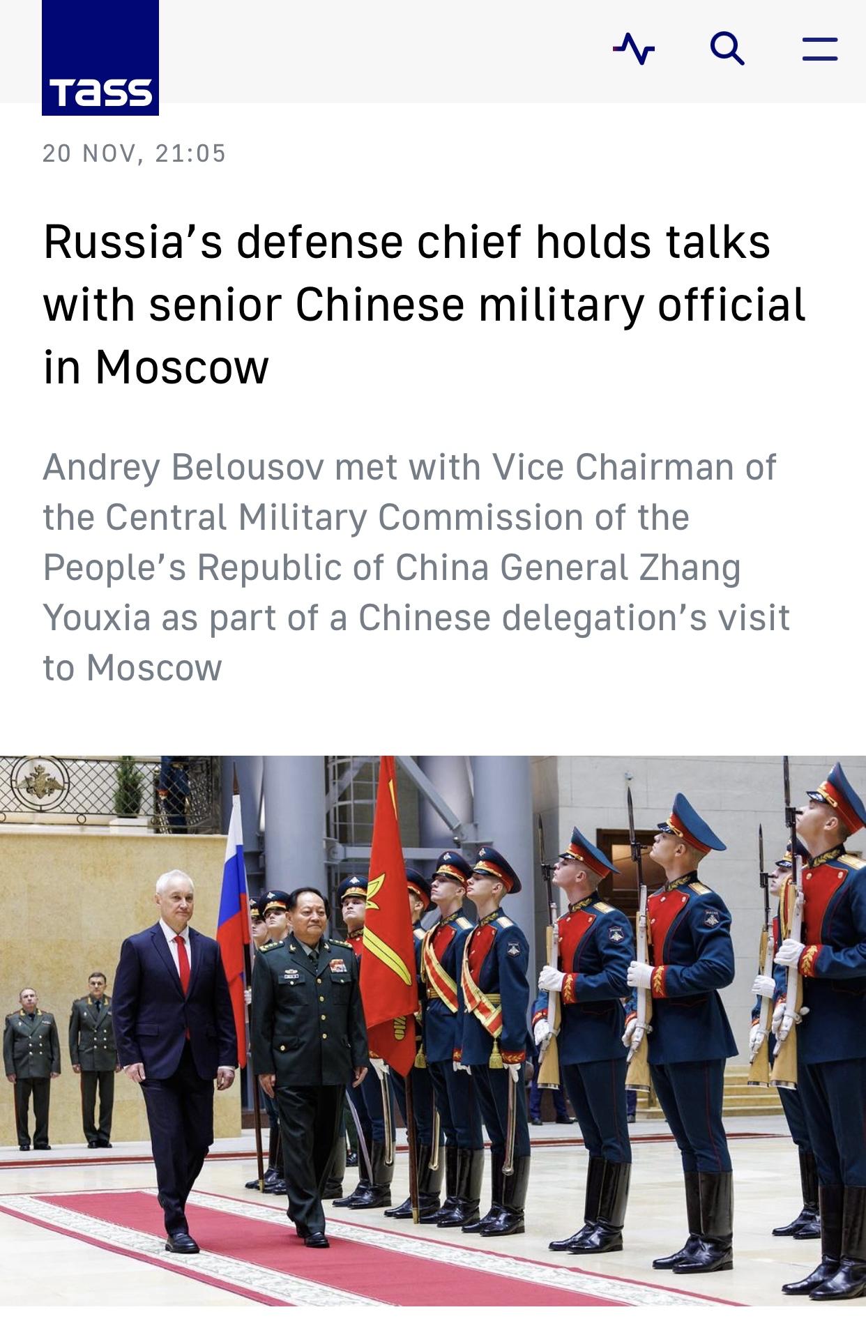 塔斯社：俄国防部长会见张又侠上将

塔斯社莫斯科11月20日电：俄罗斯国防部在一