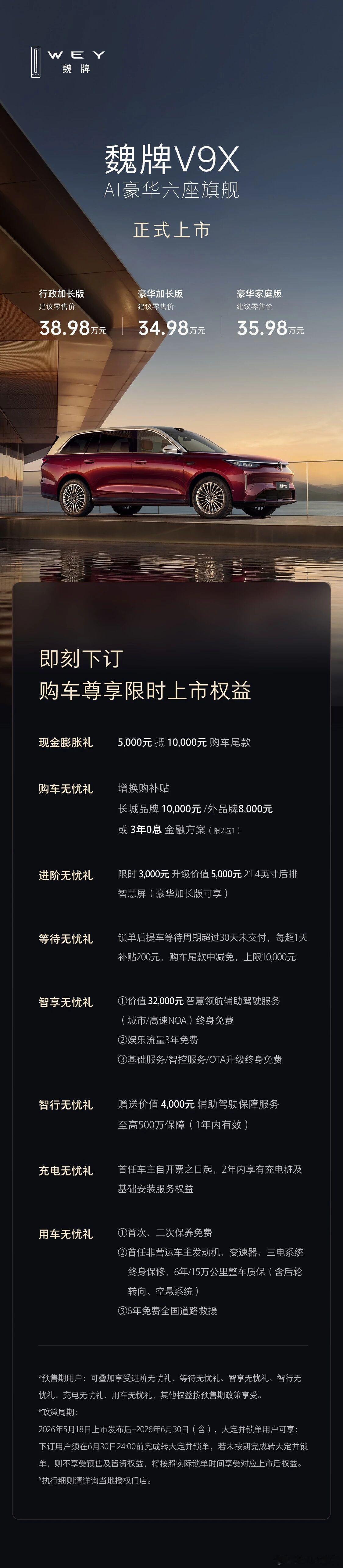 一图读懂魏牌v9x上市价格权益一览。魏牌V9X AI豪华六座旗舰正式上市，34.