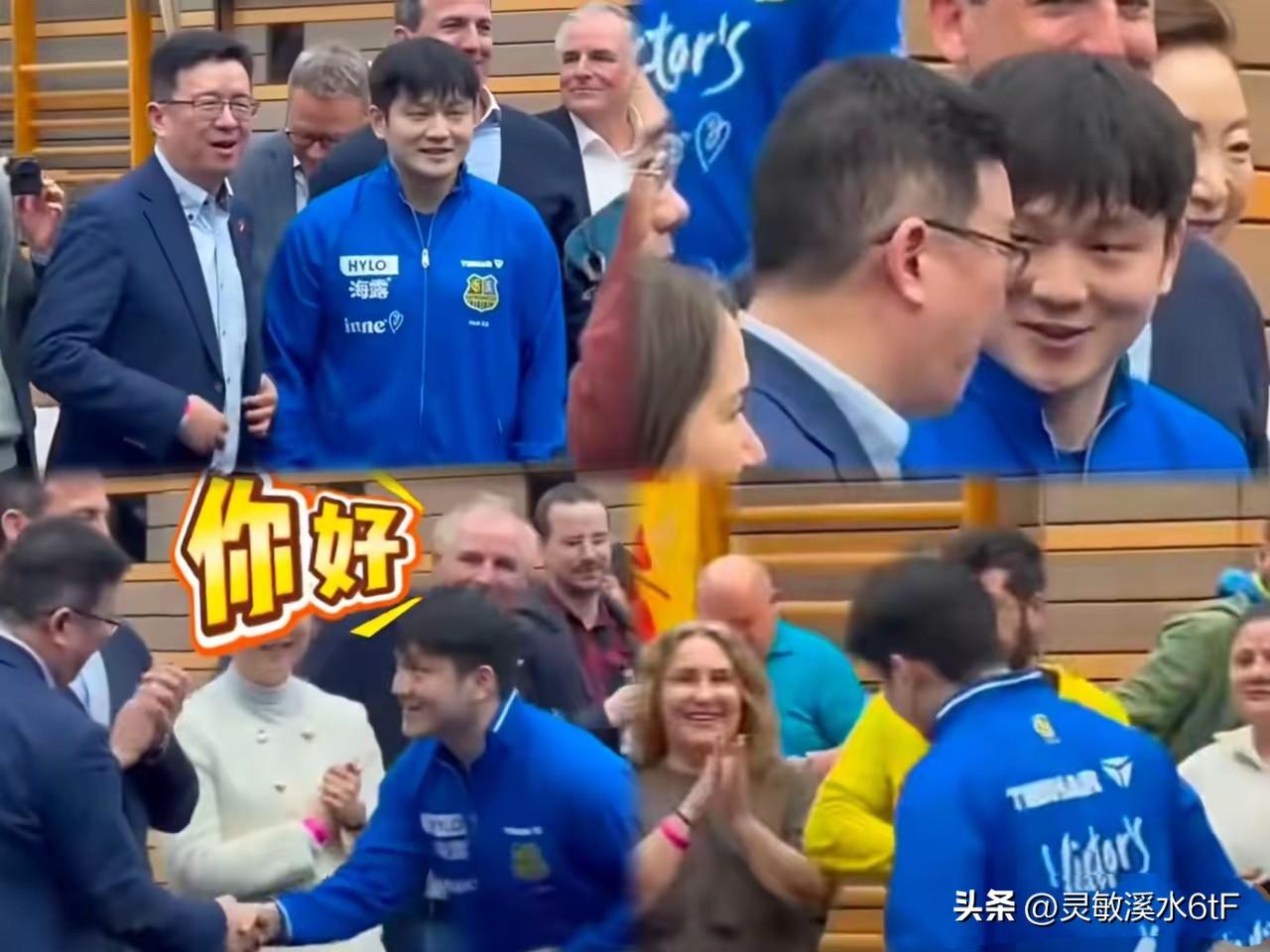看到中国驻法兰克福总领事亲临德国赛场为樊振东加油的画面，现场飘扬着五星红旗，球迷