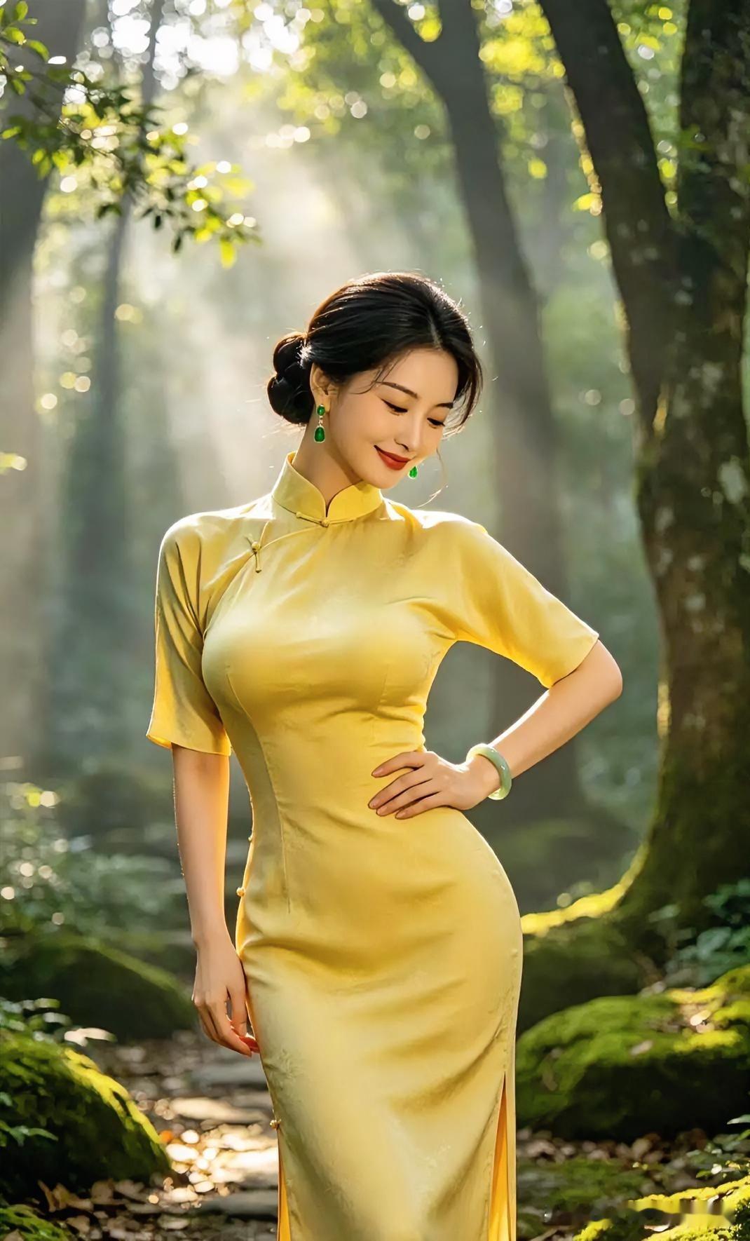 好的，请看这段文案：

暖黄旗袍映林光，翠玉点缀。于幽静绿意间，尽显东方温婉与柔