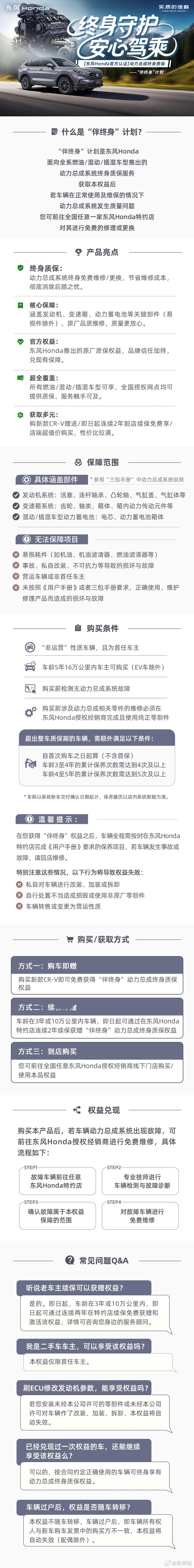 关注！“买发动机送车”的东风Honda新推出了“伴终身”计划，也就是说“动力总成