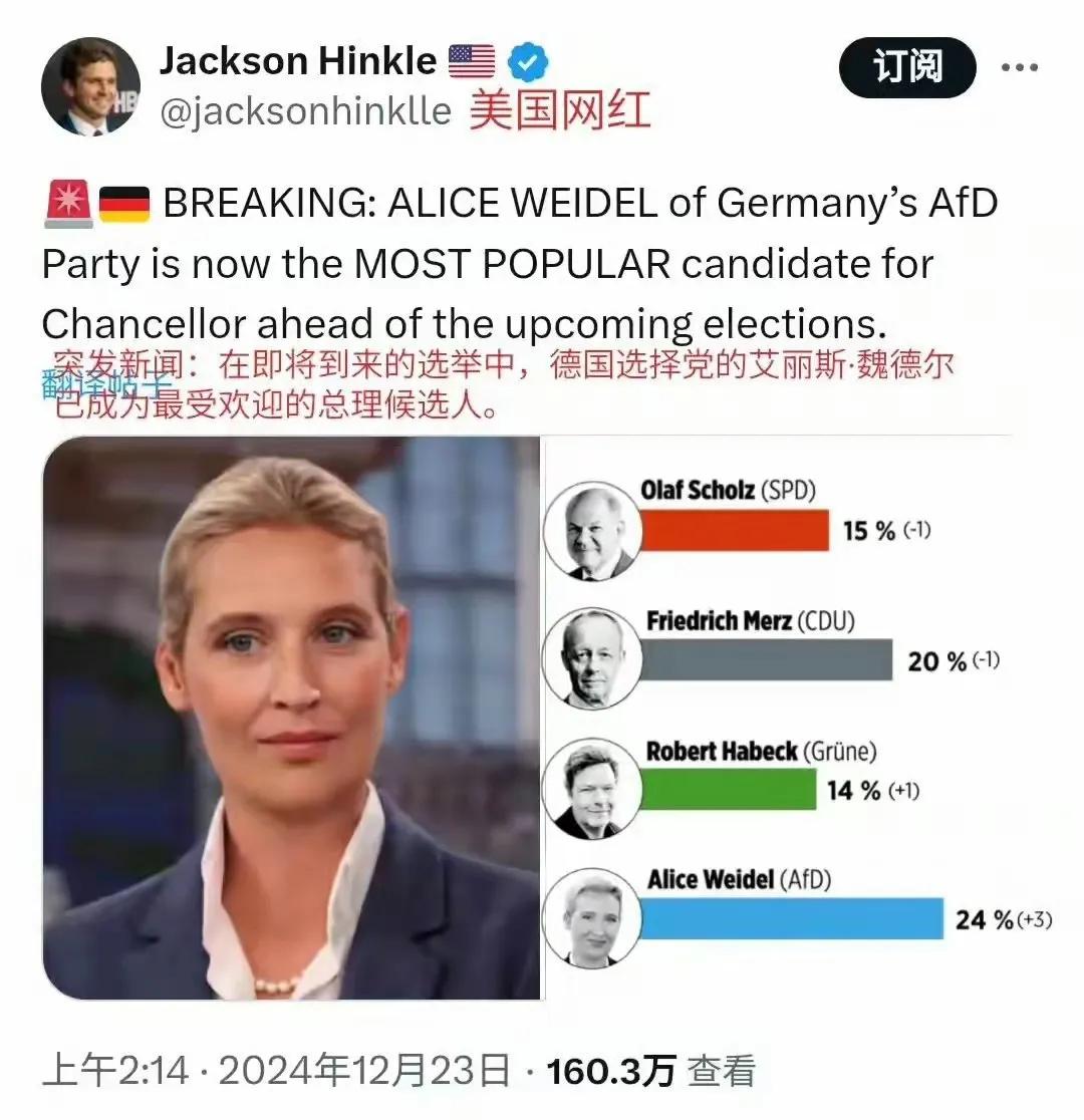 德国选择党的魏德尔已成为支持率最高的总理候选人，这也是马斯克极力推荐的人物。

