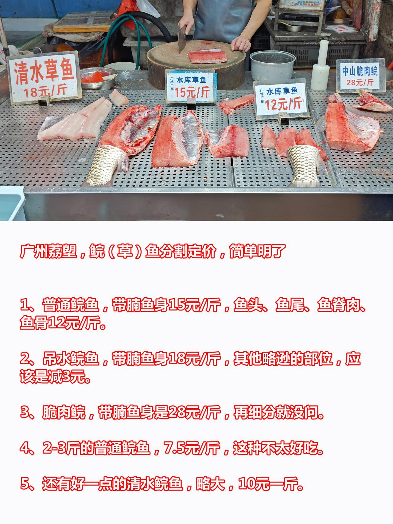 广州荔塱，鲩（草）鱼分割定价，一图明了

1、普通鲩鱼，带腩鱼身15元/斤，鱼头