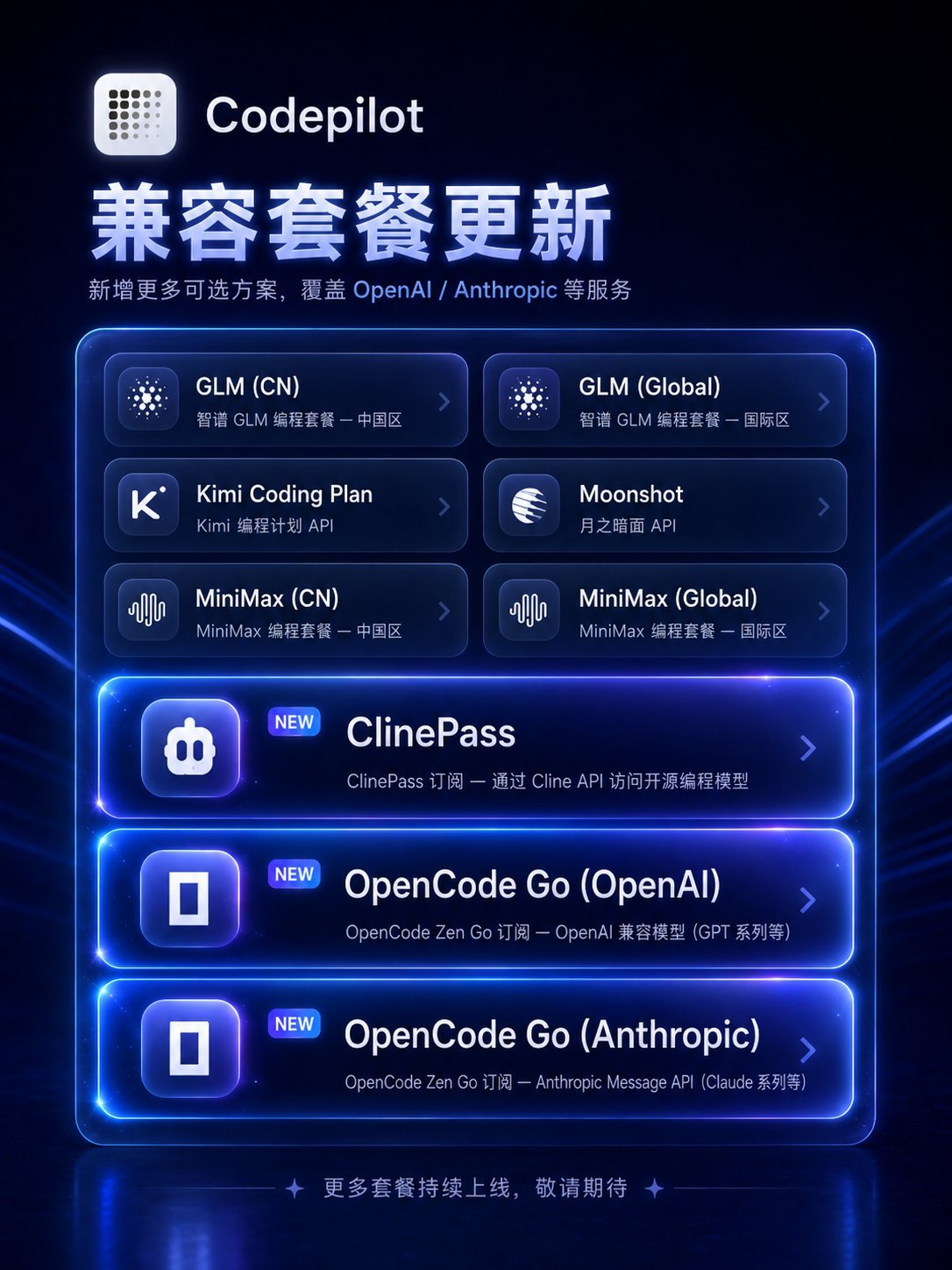 CodePilot 0.5.6.3 已经更新。今天新上 ClinePass 以及