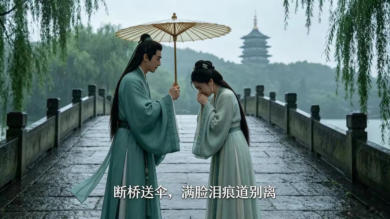 断桥送伞，满脸泪痕道别离
情真意切，矢志不渝再相聚