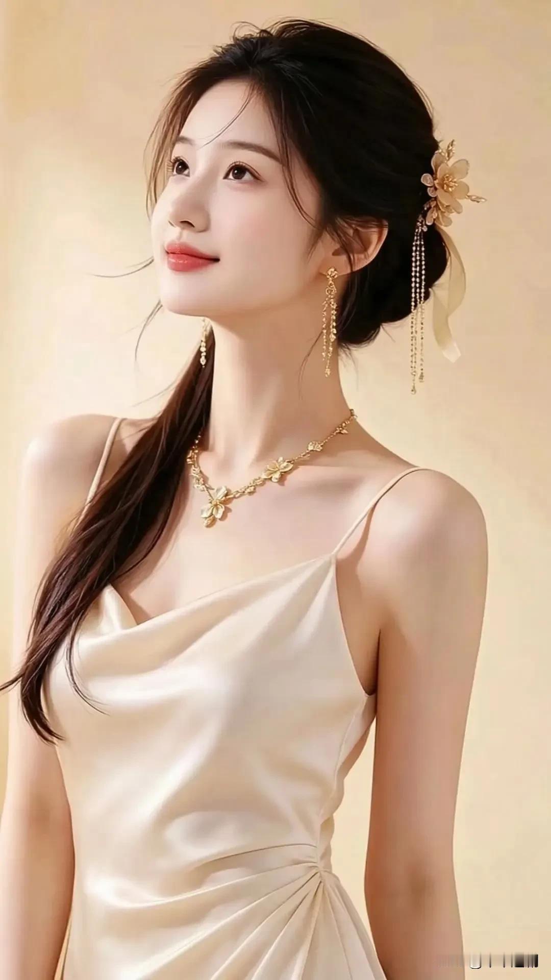 缎面泛着柔和微光，金簪流苏轻垂鬓边。抬眸望向柔光，将东方独有的温婉雅致，尽数凝于