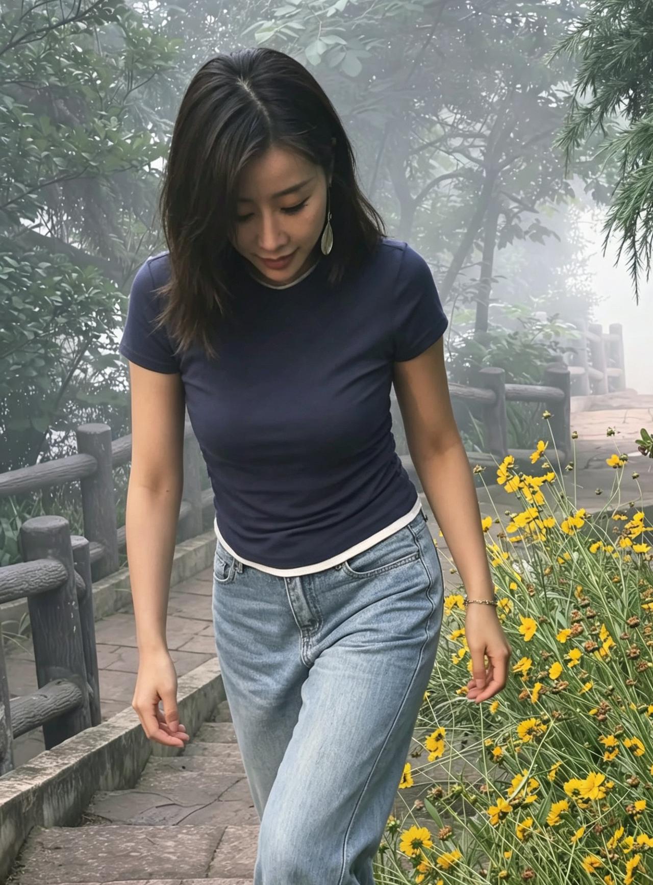 轻衣简装入烟林，一路山花伴浅吟。
缓步阶前风正好，满心清宁对山深。