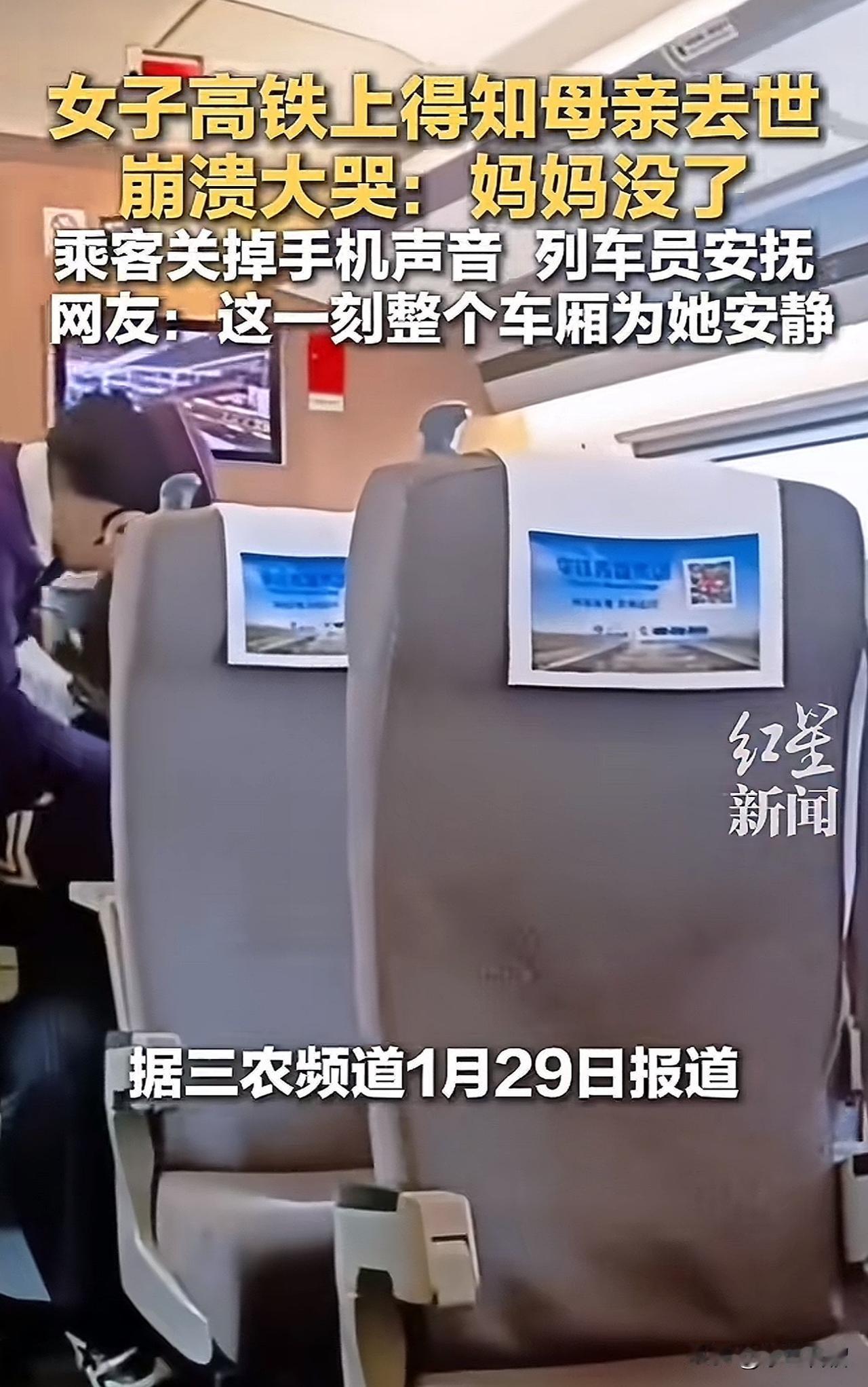 这一幕让人心疼！
    1月29日，一女子在坐高铁赶回家的途中，忽然接到电话得
