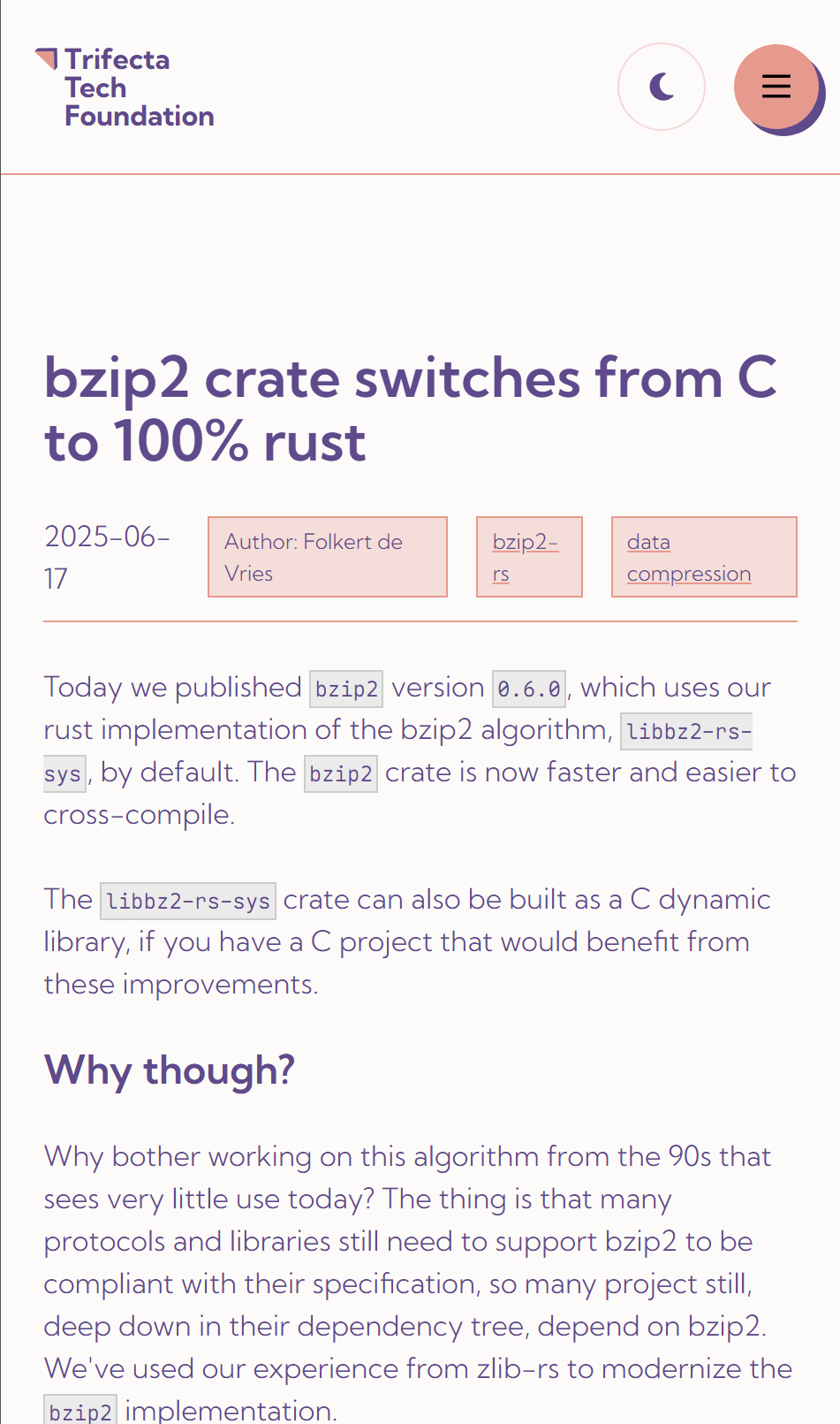 知名开源压缩工具 bzip2 的0.6版本已经完全用rust重写了。性能大概提升