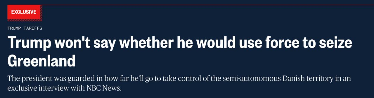 特朗普没有回答NBC新闻关于是否准备动用军队占领格陵兰岛的提问，只是简单地说：“