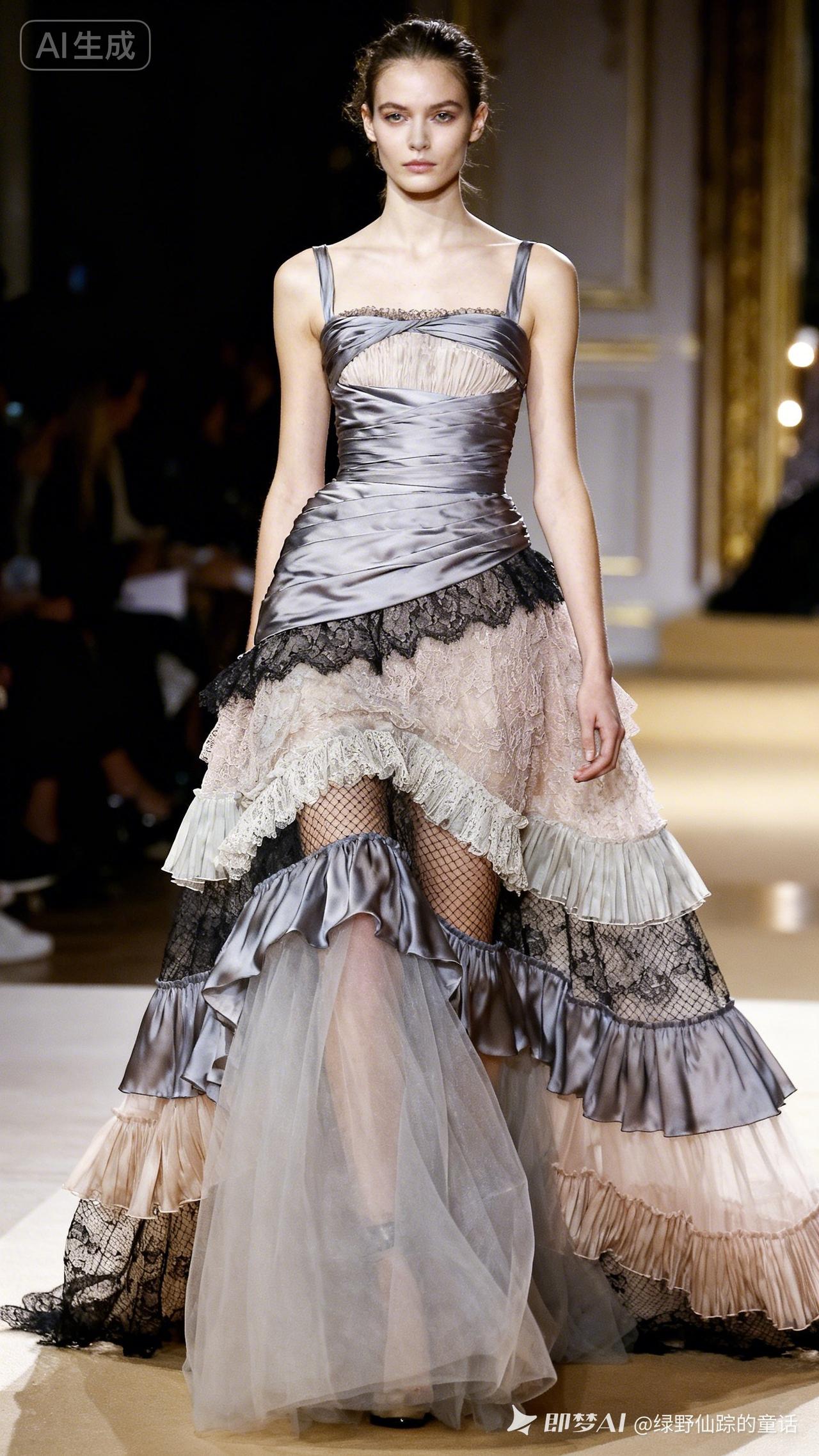 外国真人模特多结构面料拼接，桑蚕丝、蕾丝、网纱、压褶工艺，极繁主义修身设计。我怎