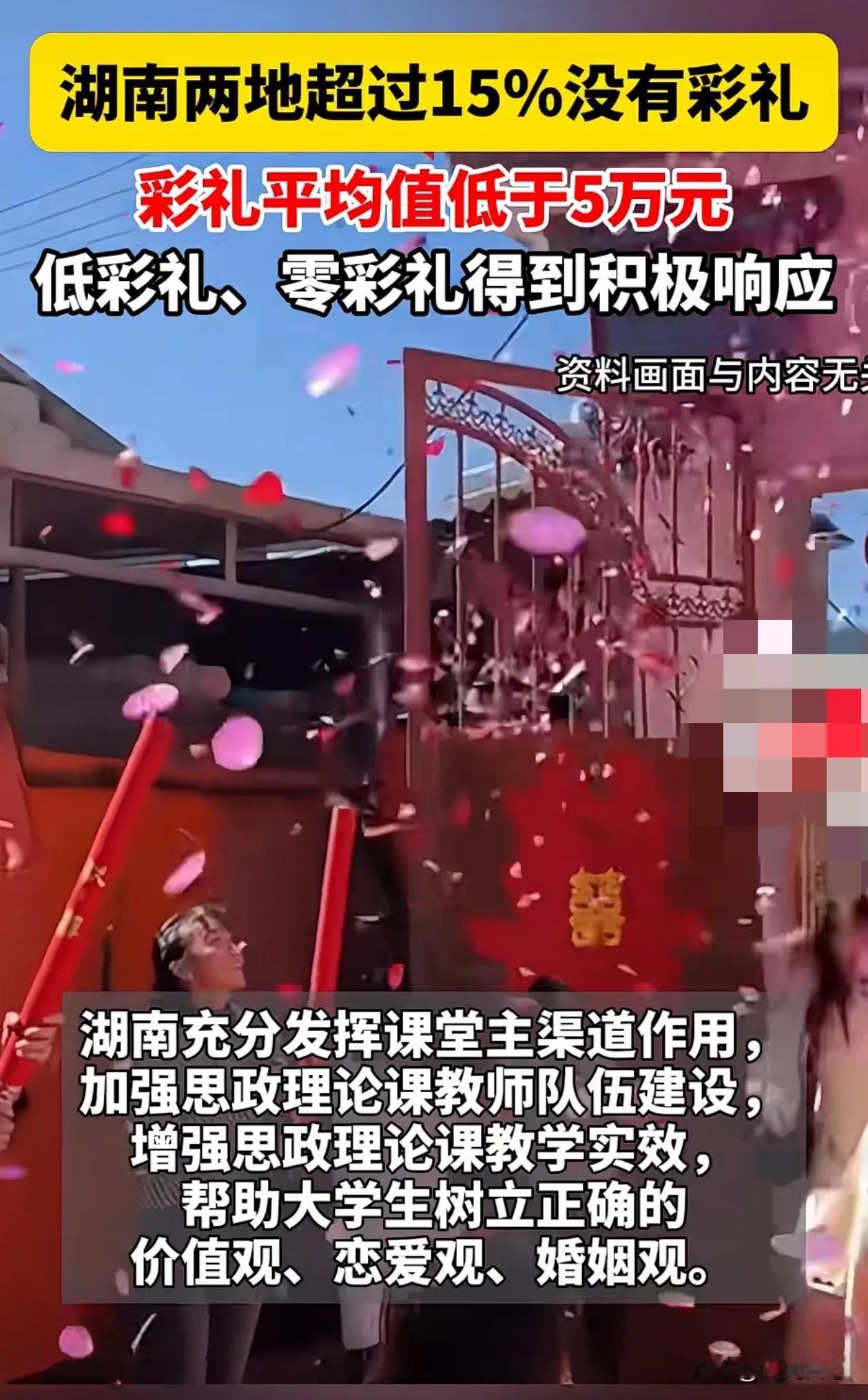 湖南两地，彩礼平均低于5万，低彩礼。零彩礼得到积极响应
最近，湖南省教育厅答复健