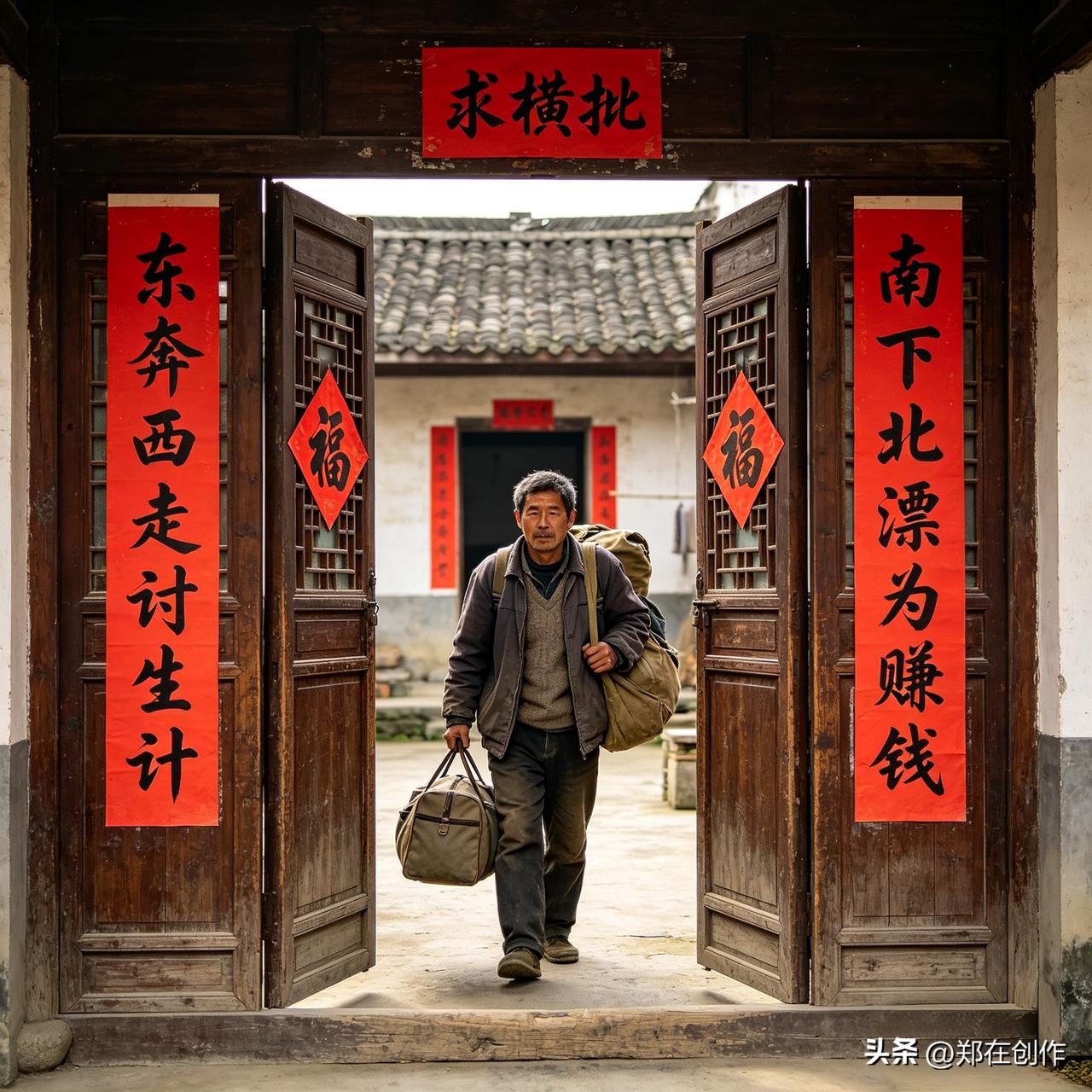 上联：东奔西走讨生计，
下联：南下北漂为赚钱。
 
这副联满是奔波的实感，东西南