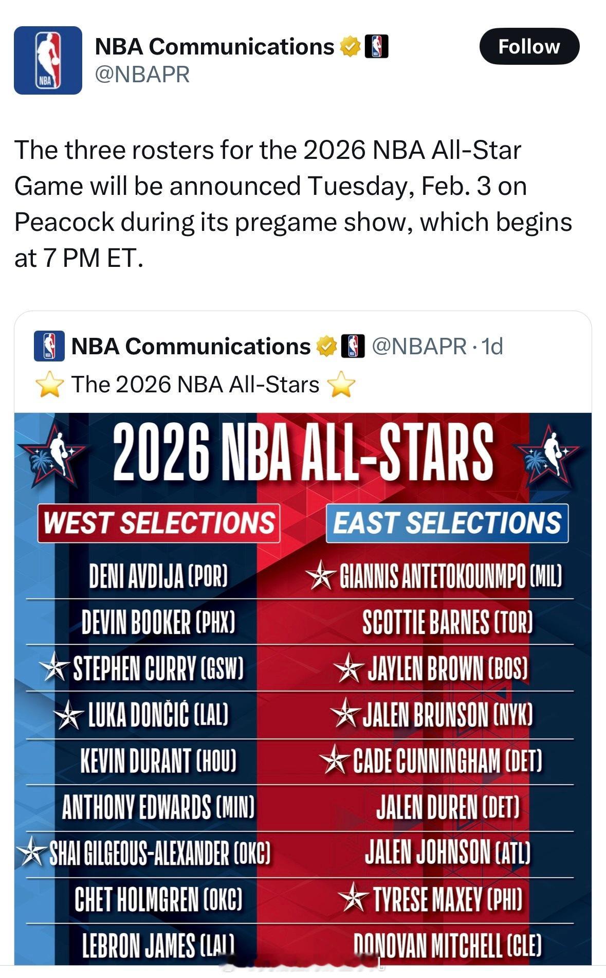 NBA将在北京时间2月4号8点宣布全明星三支球队的阵容，由于字母很可能因伤缺阵，