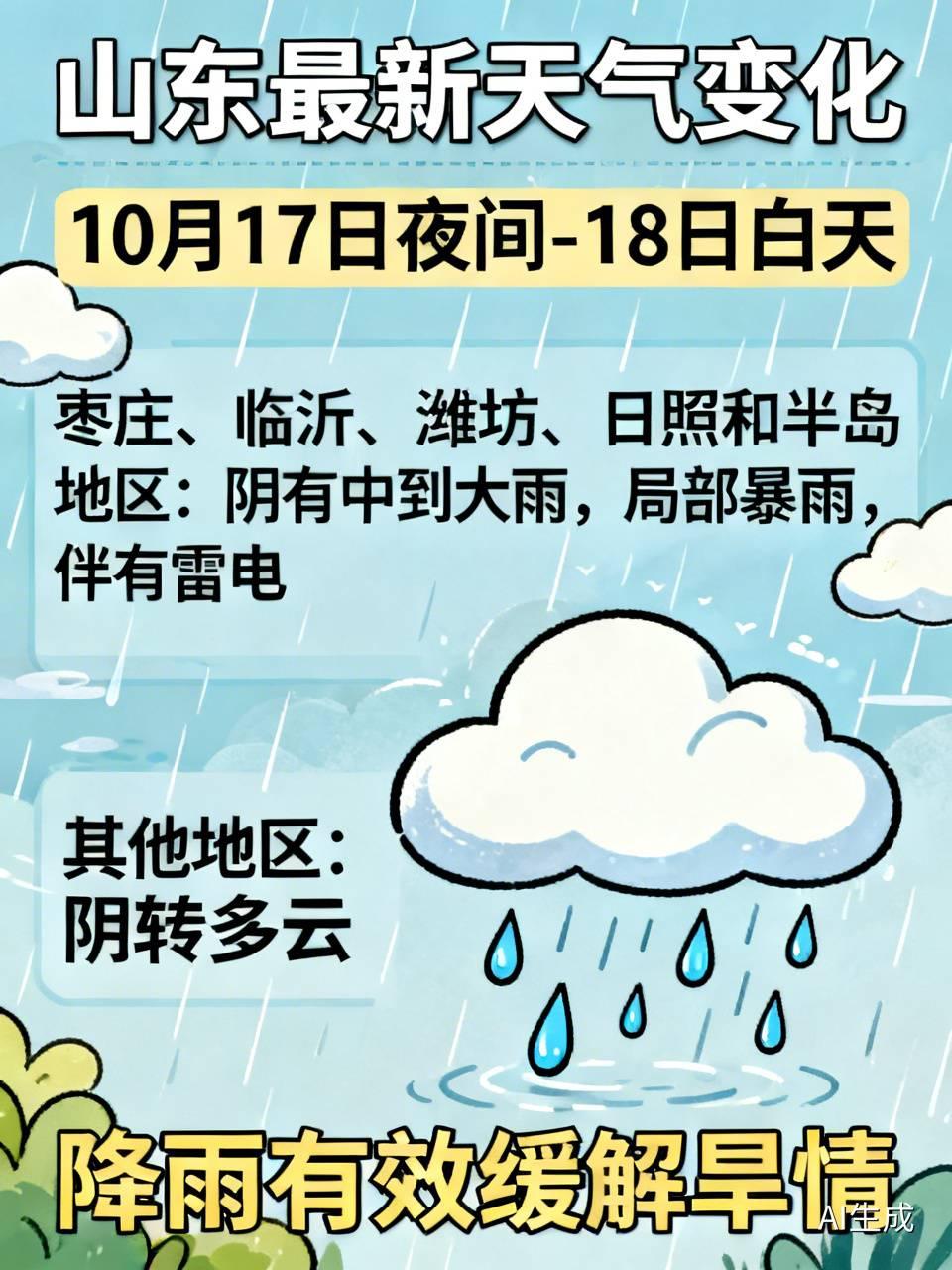 山东最新天气变化

山东大部区域即将迎来降雨，已是板上钉钉的事！

10月17日