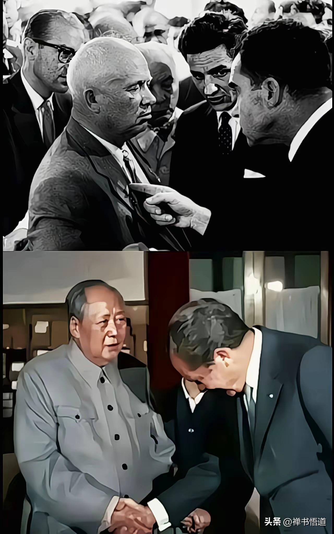 尼克松见到赫鲁晓夫，戳着赫鲁晓夫的心窝：你这小子，要听话，不然有你好看的！
尼克