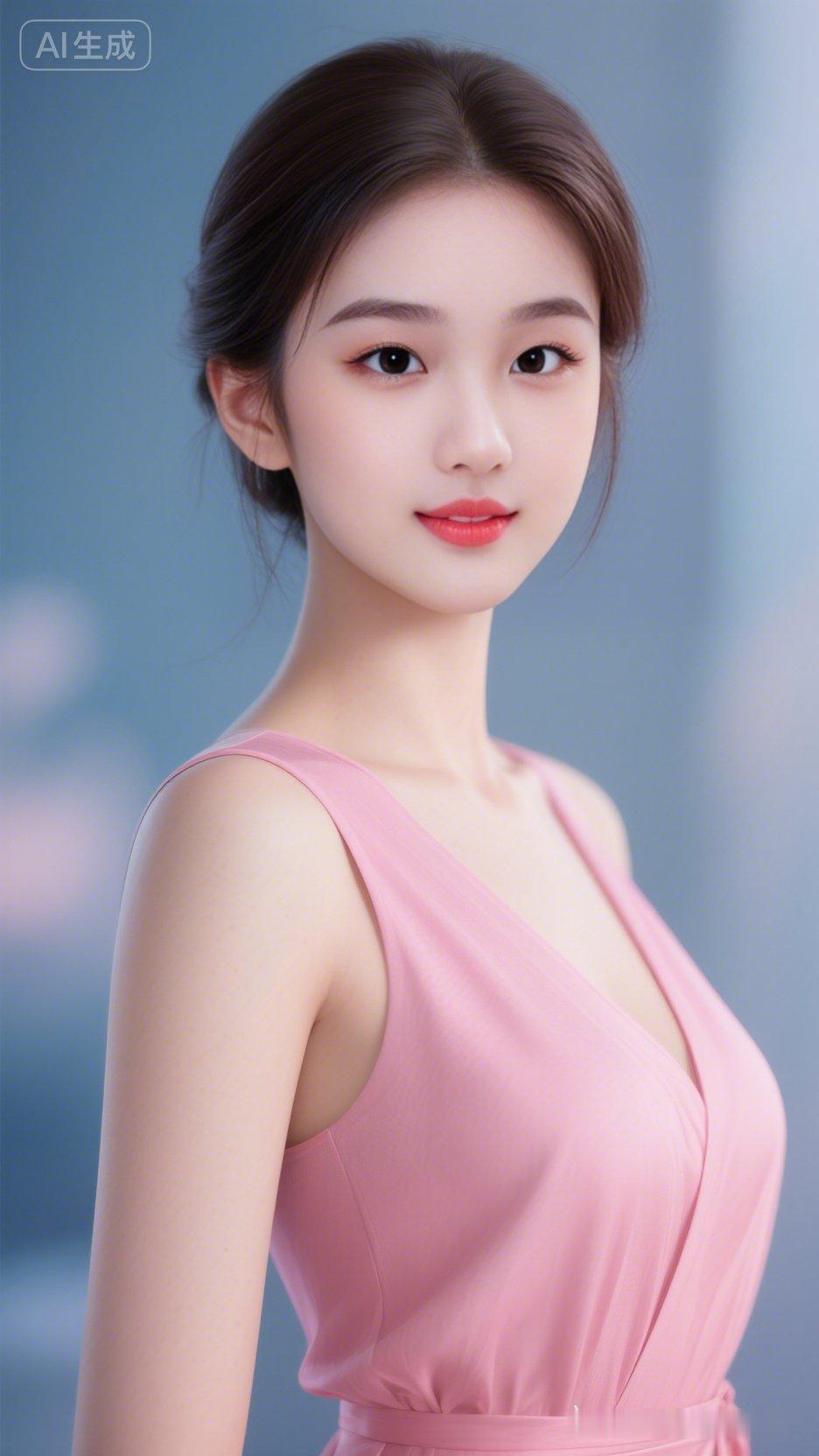 甜美粉裙少女，温柔优雅，AI生成，梦幻背景