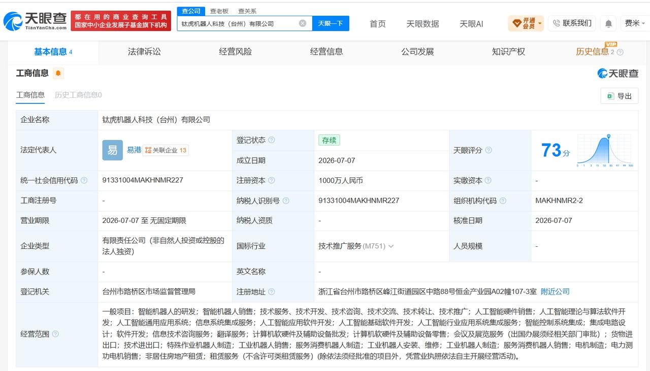 钛虎机器人在台州成立新公司 注册资本1000万
天眼查App显示，近日，钛虎机器