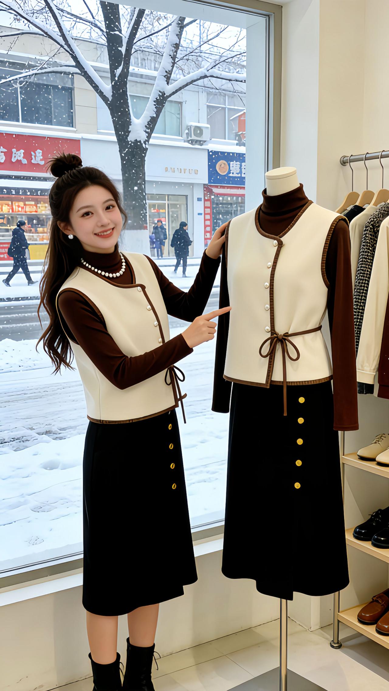 Danny在雪天的服装店里遇见这套秋冬三件套，米白马甲拼接咖色打底衫，搭配带金属