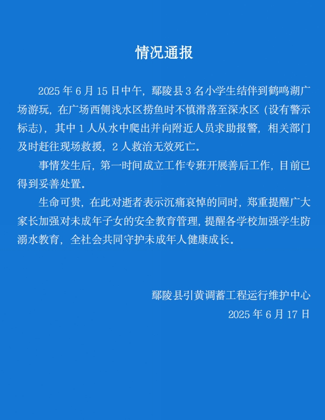 痛心！3名小学生捞鱼2人溺亡！当地通报