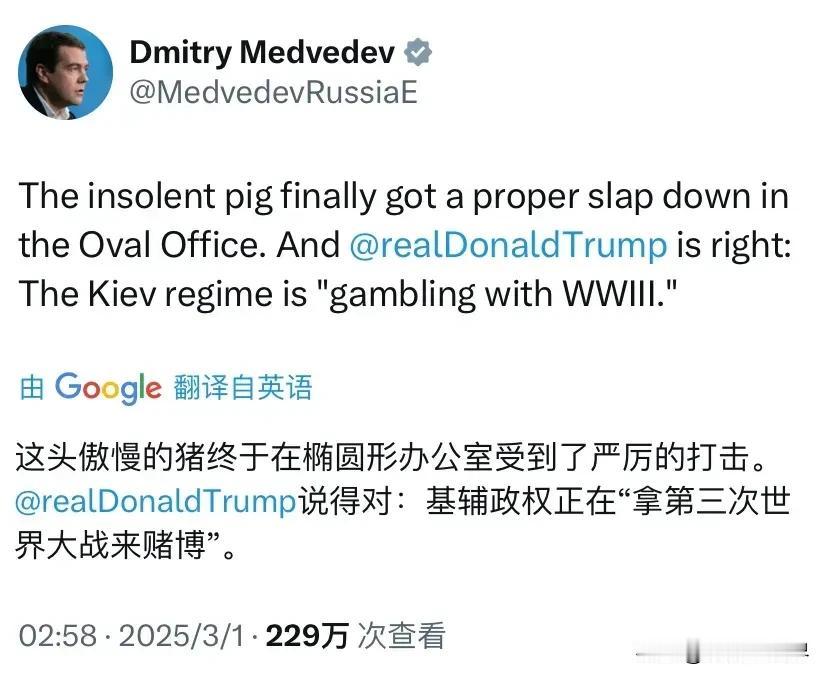 梅德韦杰夫真会！

眼看泽连斯基被美国赶出白宫，梅德韦杰夫马上评论:“这头傲慢的