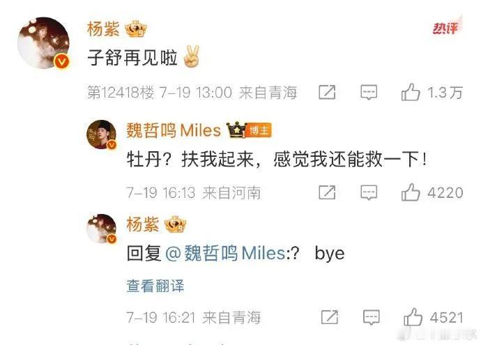 《锦绣芳华》收官后，杨紫和魏哲鸣的微博互动也太有梗了吧！“前夫哥”的人设稳如泰山