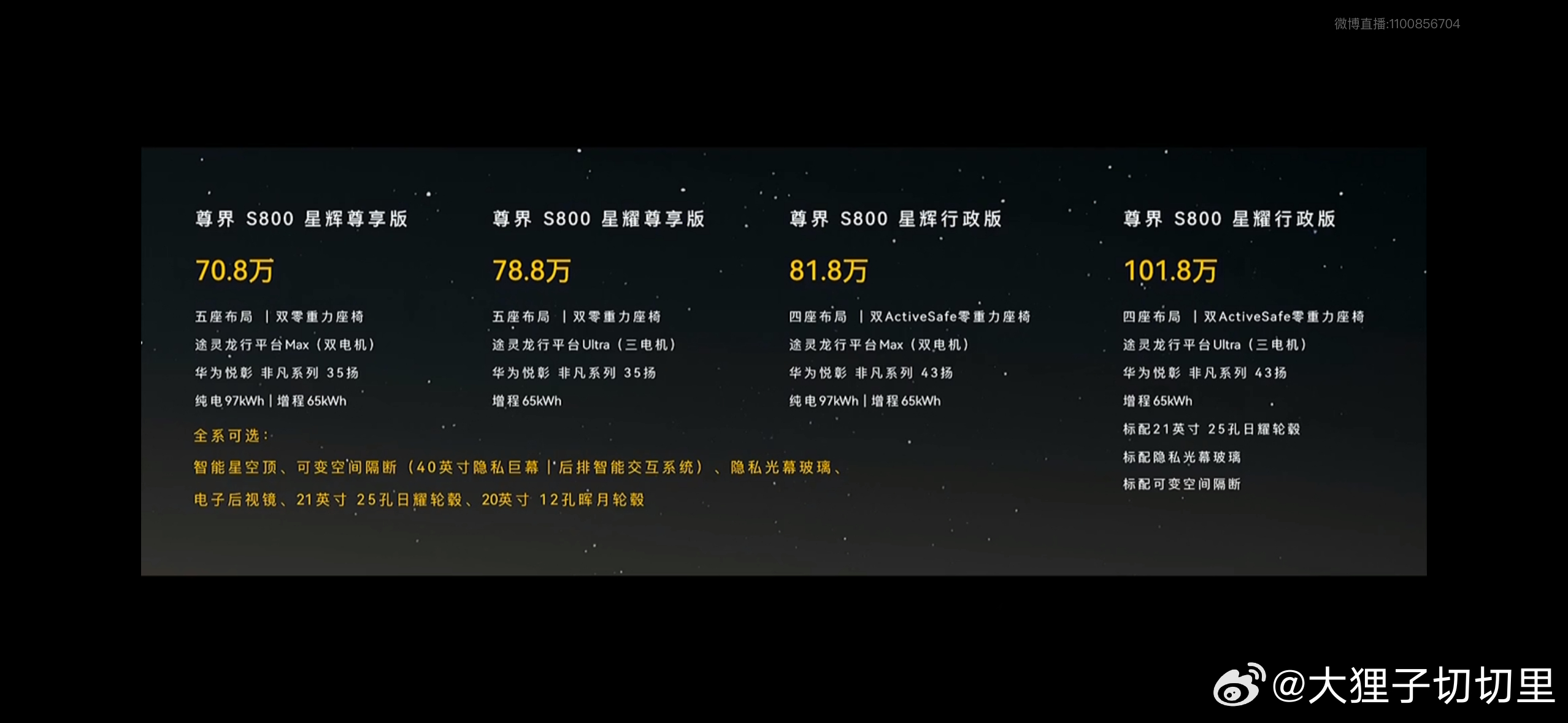 尊界S800发布会价格公布了！一共六个颜色，四个版本，70.8万起！这个价格有预