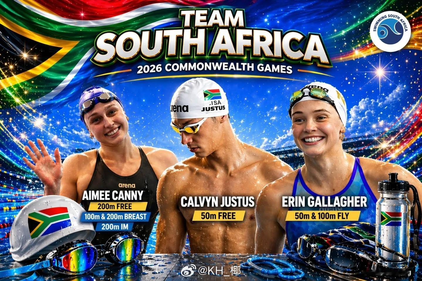 南非🇿🇦英联邦运动会大名单，共13名选手Pieter Coetze报名5个单