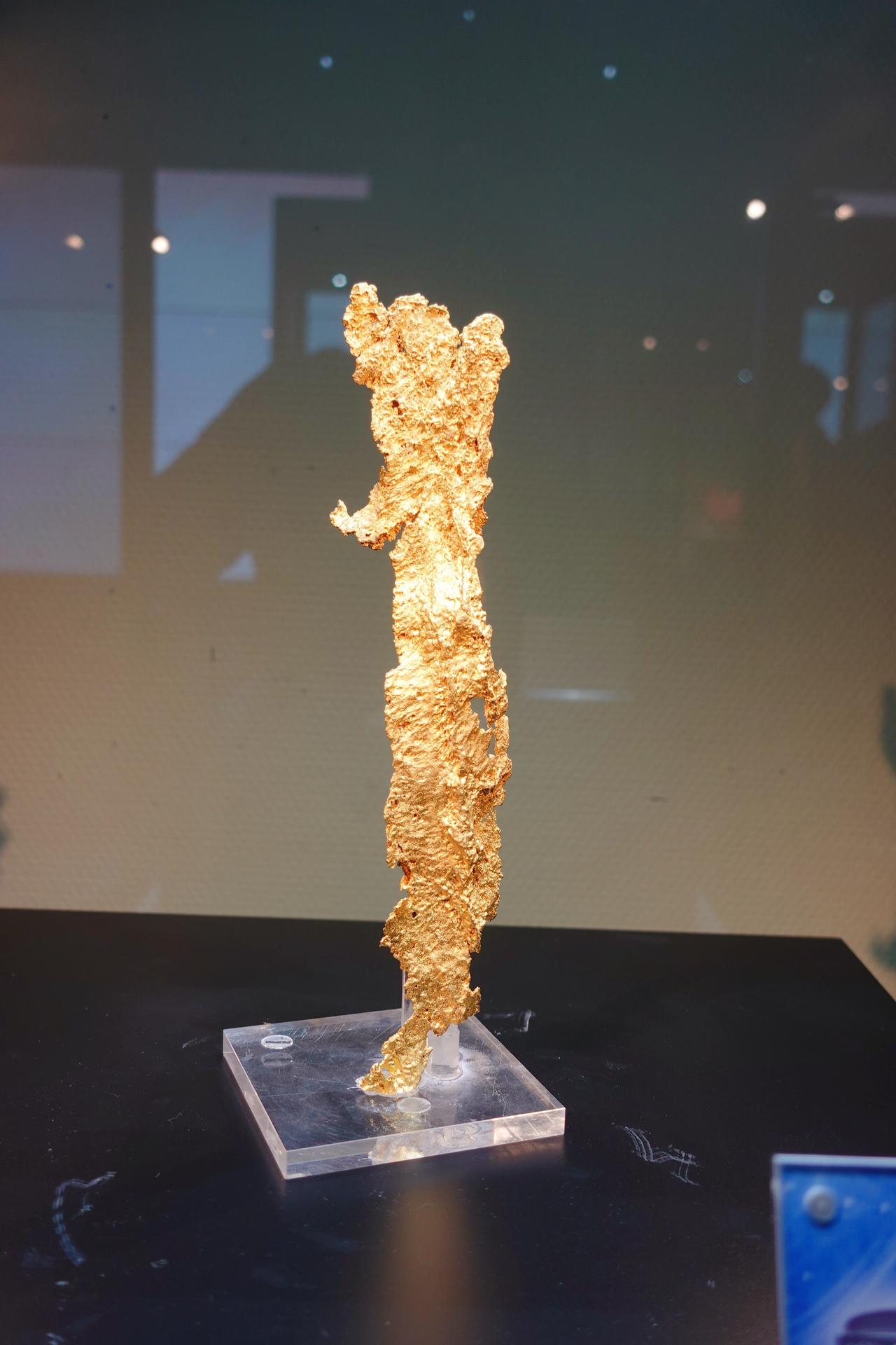 我在太原的地质博物馆看到一坨金。
如图所示，自然金，也叫“狗头金”。
金子在大自