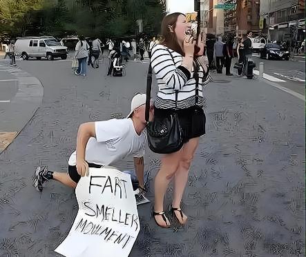 国外街头整活也太离谱了，大哥单膝跪地凑到路人屁股后面，举牌搞什么“闻屁活动”，把