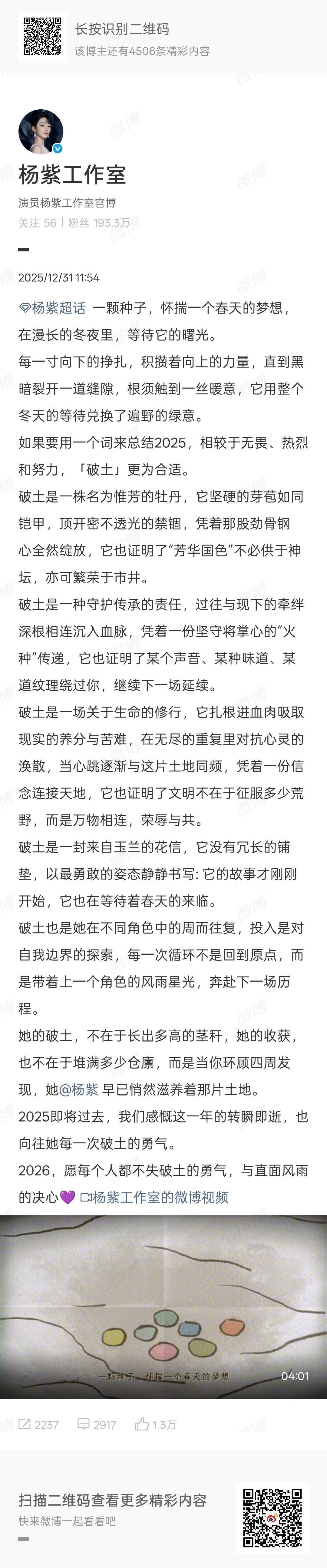 杨紫2025年总结：「破土」从“开年第一爆”国色芳华到白玉兰海外推广大使到一整年