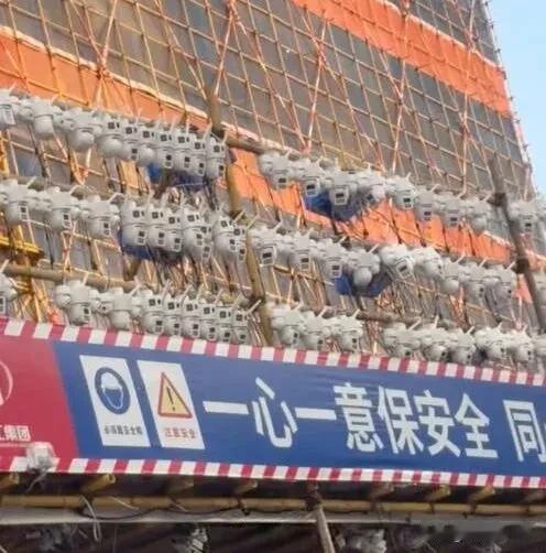 近日，东莞一处在建建筑的脚手架上，密密麻麻挂着成排摄像头，一台挨着一台，画面传到