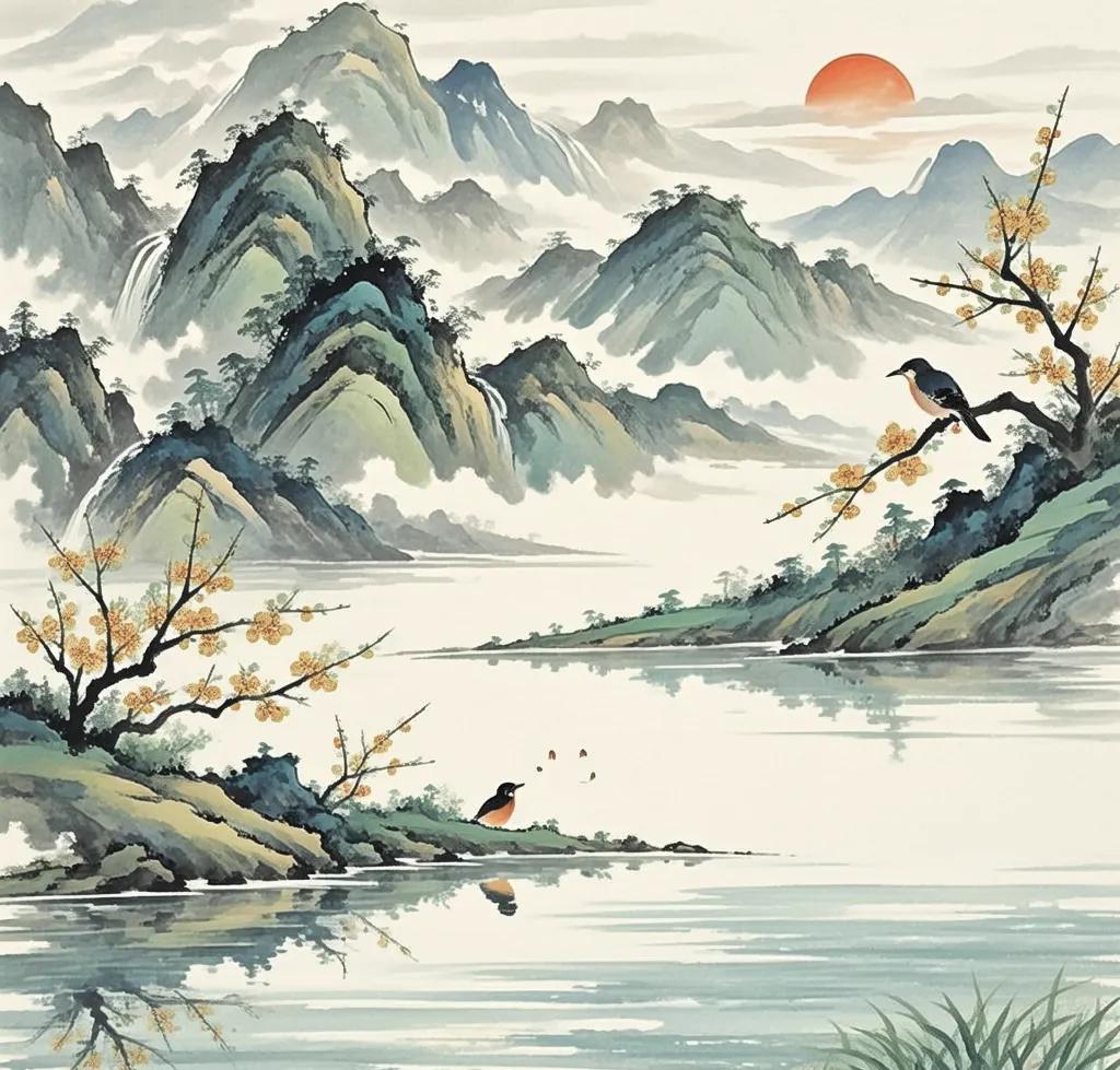 《画》
远看山有色，近听水无声。
春去花还在，人来鸟不惊。

小学时学的《画》这