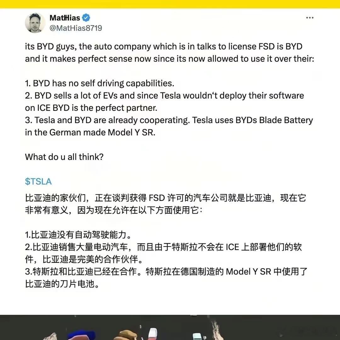 老美的媒体记者写了个小作文，说比亚迪可能会搭载特斯拉FSD，还列举了好几个理由[