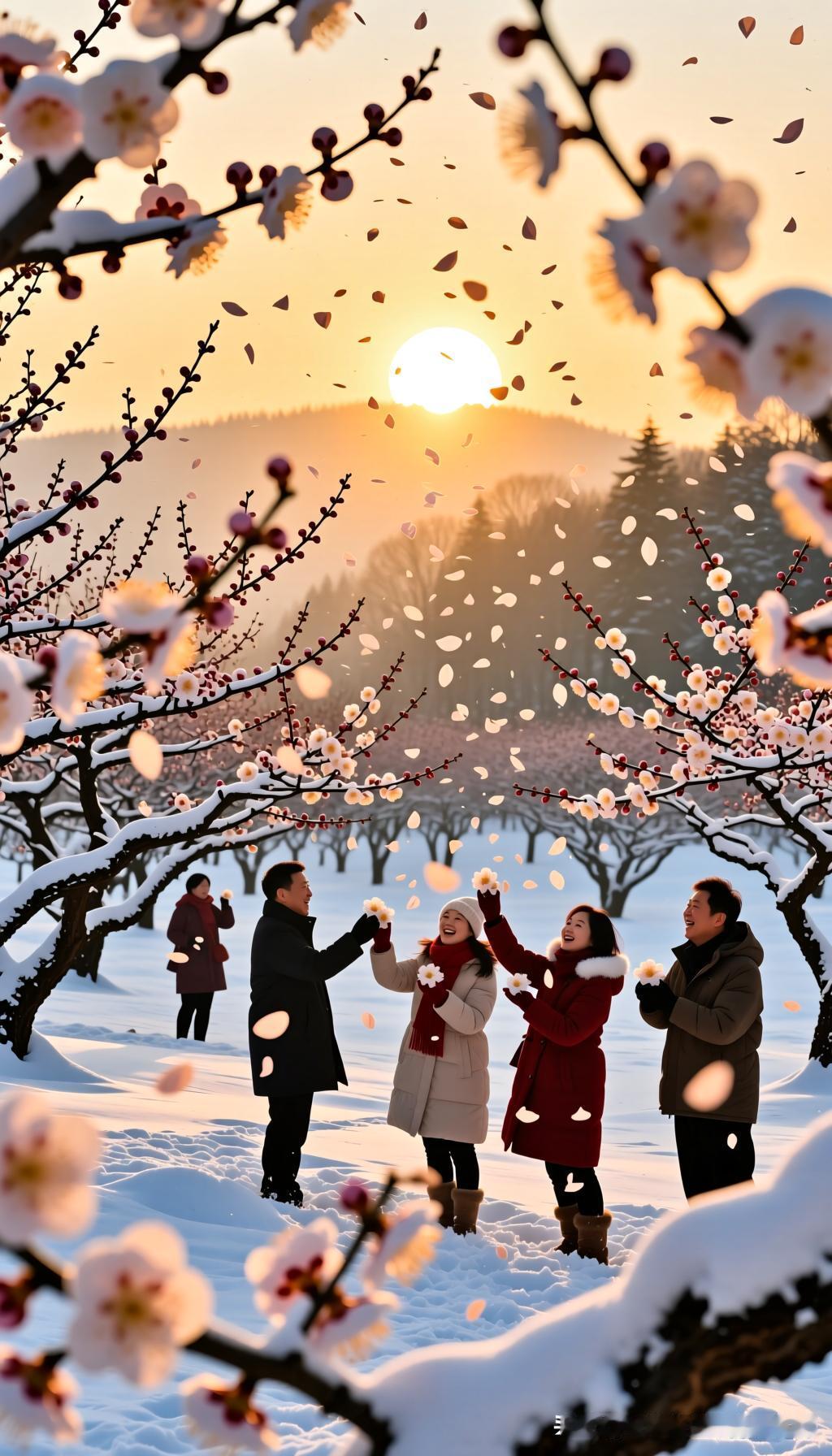 冬日生活打卡季冬日赏雪景，家人们一起赏梅花。暖初升的太阳，金色美丽雪景，人们在梅