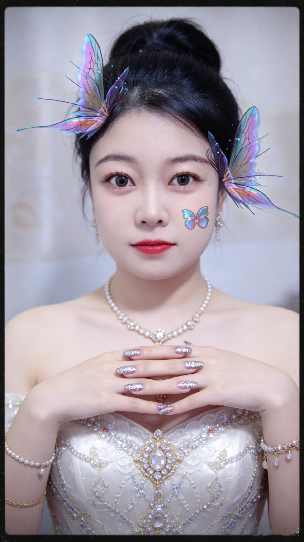 蝶栖佳人
彩蝶翩跹栖云鬓
玉容凝脂鹅蛋颜
华服修身姿曼妙
金钗珠翠映灯前
猫眼美