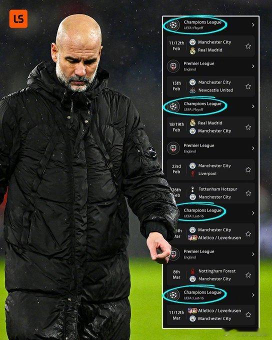 【曼城紧张刺激的2月赛程】联赛踢纽卡，利物浦，热刺，欧冠淘汰赛附加赛对阵皇马的两