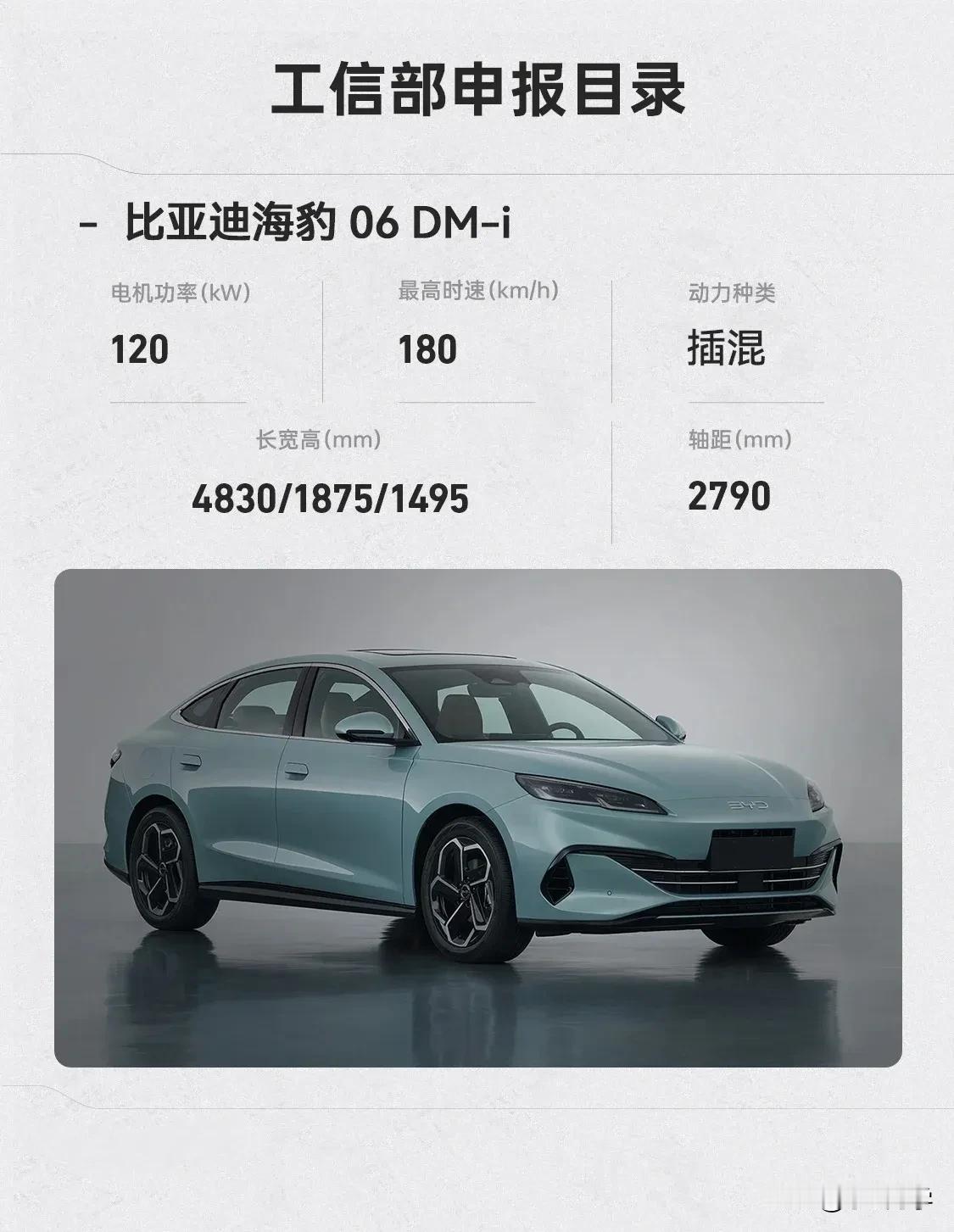 比亚迪海豹06申报信息

新车同比亚迪秦L一样，均基于DM5.0超级混动平台打造