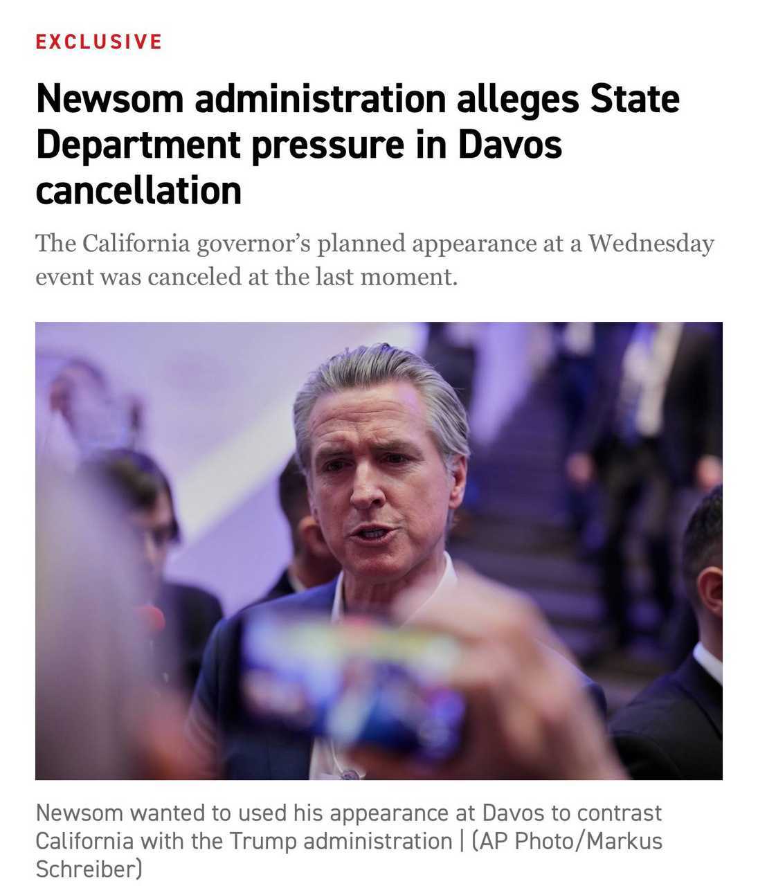 据《政客》报道，加州州长加文·纽森在最后一刻被告知，他原定在达沃斯美国馆举行的演