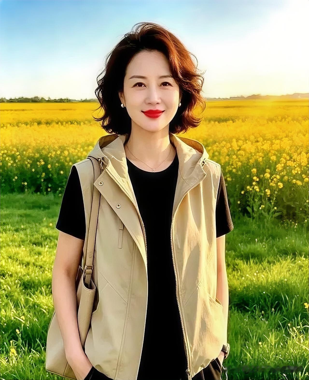 金黄花海作幕，利落马甲裹着从容笑意，风过处皆是自在如风的风景。