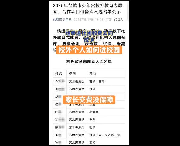 【校外培训进校园，准入与监管机制遭质疑！】市民反映：盐城市少年宫校外教育志愿者变