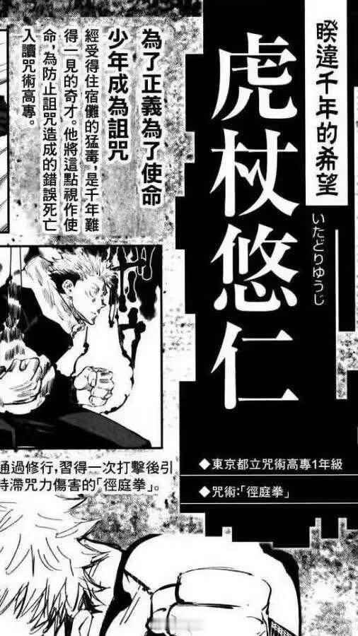 虎杖悠仁《咒术回战》的人物介绍指定虎杖悠仁为睽違千年的希望，简介也直言虎杖悠仁是