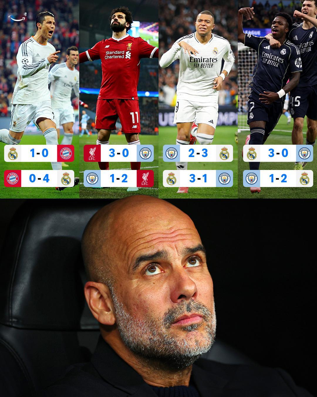 瓜迪奥拉职业生涯第四次在欧冠被双杀出局。1️⃣2014 半决赛 ❌2️⃣2018