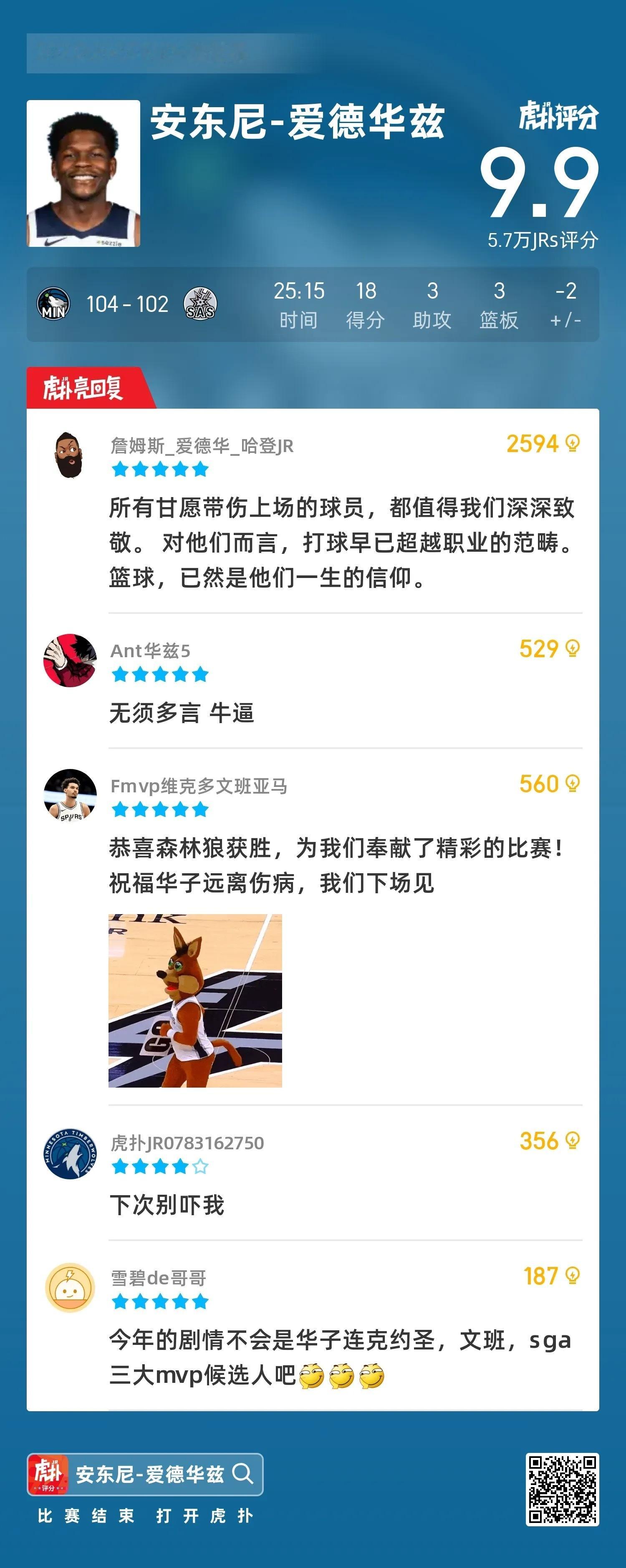 强硬！森林狼爆冷击败马刺，爱德华兹带伤上场得18分，其中末节拿下11分今日NBA