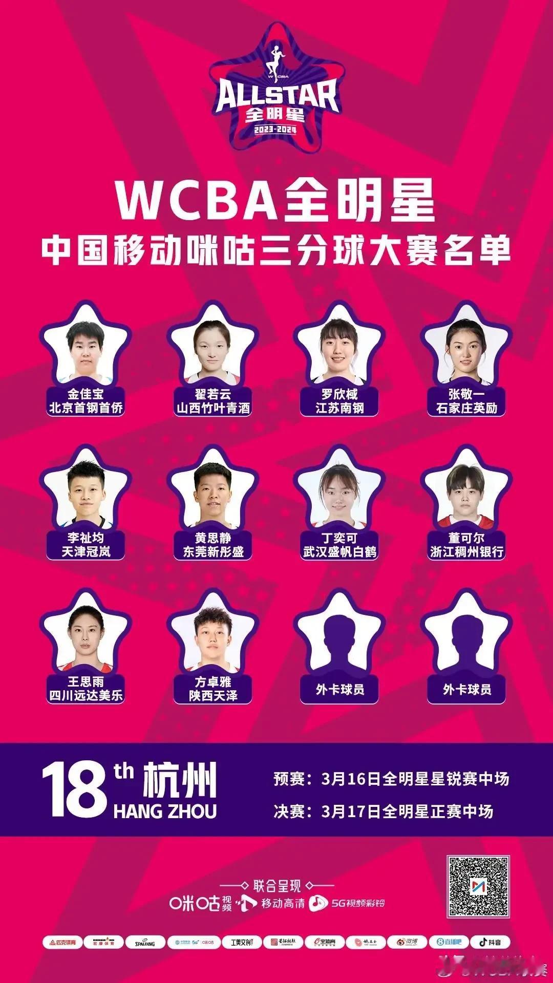 WCBA全明星周末三分大赛参赛名单！

据WCBA联赛消息，2023-24赛季中