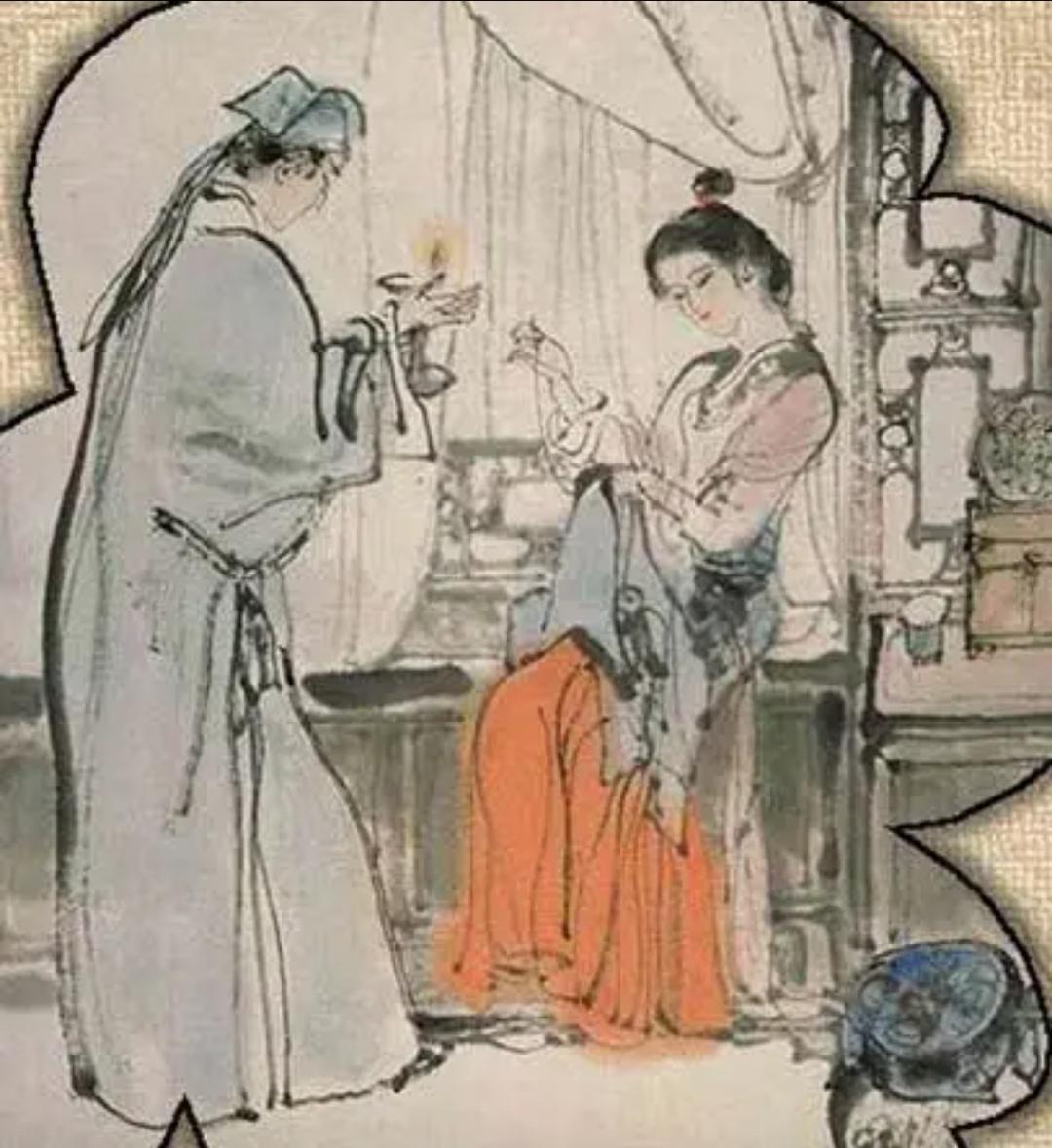 上联，？？？

下联，夫说旧事两眉羞，腮点胭脂